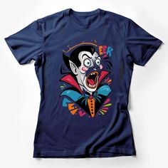 cartoon vampire halloween character expression colorful Female T-Shirt Custom graphic T-Shirt. Customize your color Halloween Cartoon Print T-shirt, Halloween Cartoon Print Fan Merchandise T-shirt, Halloween Fan Merchandise Cartoon T-shirt, Halloween Fan Merchandise Cartoon Print T-shirt, Fun Short Sleeve T-shirt For Costume Party, Fun Graphic Print T-shirt For Costume Party, Halloween Multicolor Graphic Print T-shirt, Halloween Graphic T-shirt For Fan Merchandise, Halloween Graphic Design T-shirt For Fan Merchandise