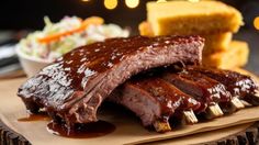 barbecue ribs with bbq sauce and coleslaw on a plate next to bread