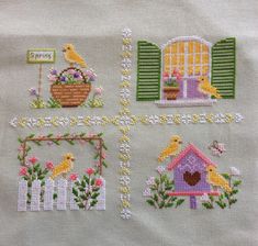 the cross stitch pattern has birds, flowers and birdhouses on it's sides