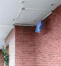 a red brick wall with clothes hanging from it's hooks on the side and a potted plant next to it