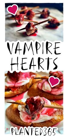 there is a poster with the words vampire hearts and an image of some food on skewers