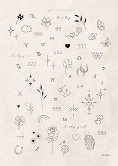 the back side of a sheet of paper with various tattoos and symbols on it, including hearts