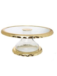 Luxurious Glass Cake Stand with Stainless Steel Gold Scalloped Edges Sold by KYA Home Decor. Gold Cake Stand, Luxury Cake, Pedestal Stand, Glass Cake, Dessert Tray, Glass Cake Stand, Gold Cake, Glass Cakes, Jar Vase