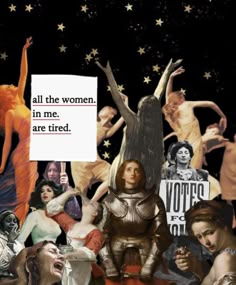 a collage of women and men with stars in the sky above them, all holding signs