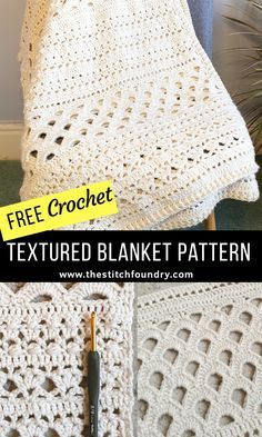 crocheted blanket with text overlay that says, free crochet textured blanket pattern