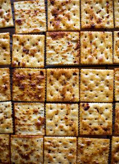 crackers are arranged in rows on a table