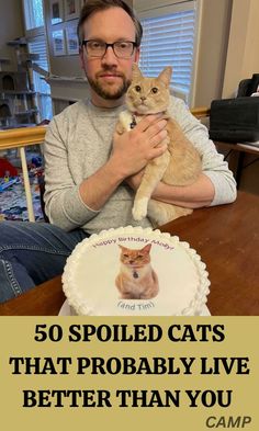 a man holding a cat in front of a cake with the caption 50 spoiled cats that probably live better than you