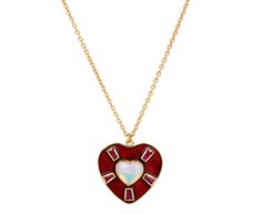 With its sweet symbolism and stunning color, this Brooke Gregson necklace takes the heart pendant to a modern, sophisticated level. The heart-shaped opal is set at the center of the 18K yellow gold and red enamel pendant. Tapered ruby baguettes are set in 18K yellow gold bezels surround the heart and add an extra element of luxury to the design which hangs from the center of the adjustable 18K yellow gold chain. total length : adjustable : 16 1/2" or 18" : 18K yellow gold18K yellow gold, ruby an Luxury Red Heart Pendant Necklaces, Luxury Red Heart Pendant Necklace, Luxury Red Enamel Necklaces, Elegant Heart Pendant Enamel Necklace, Luxury Red Jewelry With Heart Charm, Luxury Red Heart Pendant Jewelry, Elegant Enamel Heart Pendant Necklace, Elegant Enamel Necklace For Valentine's Day, Rebecca Overmann