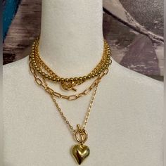 Brand New 4pcs/Set Vintage Simple Ccb Beaded Necklace Heart Pendant With Ot Clasp Oval Chain Layering Neck Jewelry Set Trendy Gold Beaded Necklaces With Heart Beads, Trendy Gold Beaded Necklace With Heart Beads, Trendy Gold Beaded Layered Necklace, Neck Jewellery, Set Vintage, Heart Necklace, Heart Pendant, Jewelry Set, Beaded Necklace