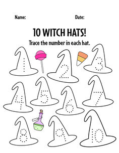 a cartoon witch hat with the words 10 witch hats trace the number in each hat