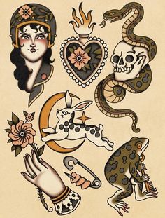 an old school tattoo design with skulls and snakes