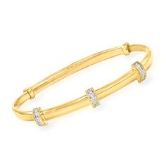 Ross-Simons - Diamond-Accented 14kt Gold Over Sterling Bangle Bracelet. 8". Feminine, chic and ultra-versatile, this 14kt yellow gold over sterling silver bangle bracelet is adorned with three stations of diamond accents for a simple but significant detail that will delight. Expands slightly to easily slip on and off. Diamond-accented bangle bracelet. Diamond birthstones are the perfect gift for April birthdays. Starburst Earrings, Bracelet Diamond, Silver Bangle Bracelet, Diamond Birthstone, Sterling Silver Bangle Bracelets, Swirl Earrings, Feminine Chic, Sterling Silver Bangle, Diamond Bar