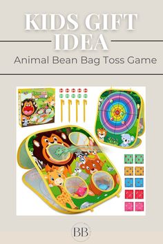 an animal bean bag toss game is shown with its contents in the box and instructions on how to use it