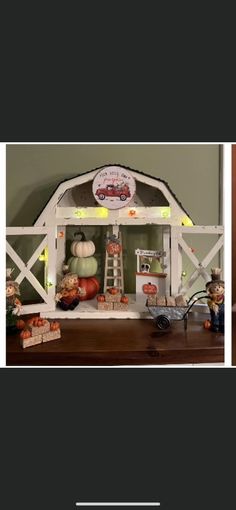 two pictures of pumpkins and other decorations on a table