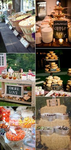 a collage of pictures showing different types of food and desserts on display at an outdoor event