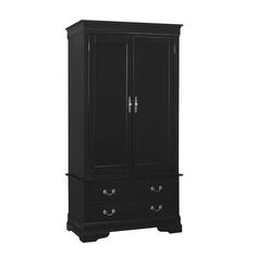 a black armoire with two drawers on top and one drawer in the bottom corner