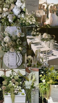 a collage of photos with white flowers and greenery