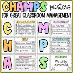 a classroom poster with the words champs for great classroom management and other important activities