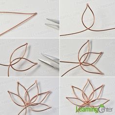 four pictures showing how to make a wire leaf ornament with scissors and thread