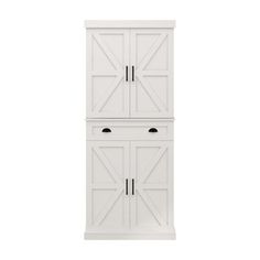 a tall white cabinet with two doors