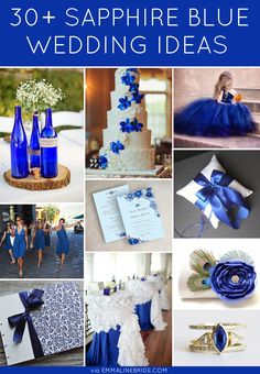 blue and white wedding decorations with text overlay that reads 30 + sapphire blue wedding ideas