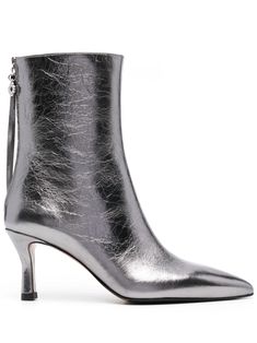 gunmetal grey calf leather grained texture ankle-length rear zip fastening pointed toe branded leather insole mid heel leather and rubber sole Metallic High Heel Leather Boots, Luxury Metallic Boots With Pointed Toe, Luxury Metallic Pointed Toe Boots, Metallic Silver Pointed Toe Formal Boots, Metallic Leather Boots For Formal Occasions, Formal Metallic Leather Boots, Metallic Leather Heeled Boots With Pointed Toe, Metallic Ankle Boots For Evening, Silver Leather Heeled Boots For Formal Occasions