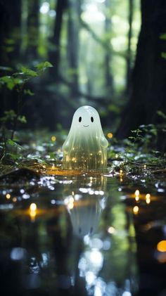 a ghost floating in the middle of a forest