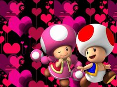 two cartoon characters standing next to each other in front of heart shaped wallpapers