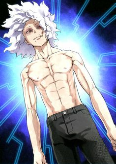 an anime character with white hair and no shirt standing in front of a blue background