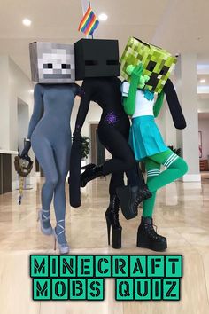 three people dressed up as minecraft characters posing for the camera with text overlay that says minecraft mobs quiz