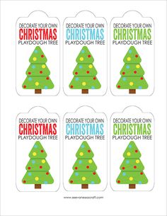 four christmas tree tags with the words decorate your own christmas playdouh tree on them