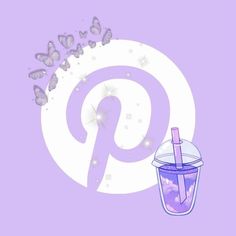 an image of a purple pinter with butterflies around it and a cup filled with liquid