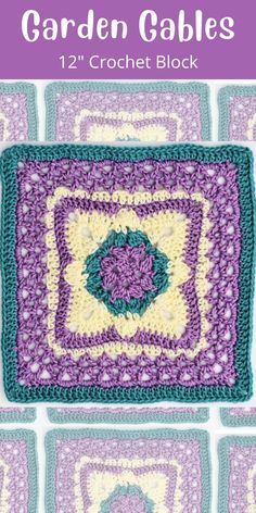 the crocheted square is shown with text that reads garden cables, and it's