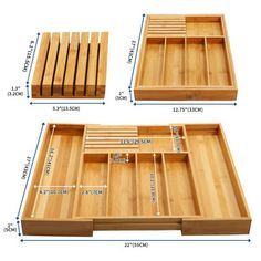 two wooden trays with measurements for each drawer