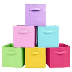 six different colored storage bins stacked on top of each other