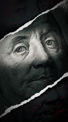 an old man's face is torn in half with the background of a hundred dollar bill