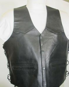 BigfootBrownLeather. Closeout Sale on now in our Ebay store,  Click on the Visit Store "Bigfoottrader" in the upper  right corner of this listing to see all of our closeout items. NEW MEN'S BEAUTIFUL TOP GRADE BLACK LEATHER VEST New Men's Black 4 Snap Leather Motorcycle Vest   Closeout...Closeout...Closeout...Not all sizes remaining, see below.  Limited sizes remain...  Bigfootbrownleather, we feature real leather jackets from $79.95! This vest Retailed for $89, We sold it  for $59.95 in our Bri Fitted Winter Motorcycling Vest, Fitted Moto Vest For Winter, Spring Biker Vest In Black, Spring Black Biker Vest, Classic Fitted Vest For Biker Events, Dressy Vest, Leather Jacket Dress, Black Leather Vest, Motorcycle Vest