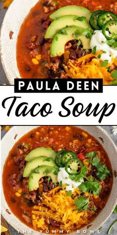 two bowls filled with taco soup and topped with avocado