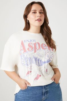 Plus Size Enjoy Aspen Oversized Graphic Tee | Forever 21 Oversized Sporty Top With Front Print, Relaxed Fit Tops With Logo Print For Outdoor Activities, Trendy Graphic Print Tops For Outdoor Activities, Crew Neck Tops For Outdoor Activities In Spring, Spring Crew Neck Tops For Outdoor Activities, Sporty Crew Neck Top For Ski Season, White Tops With Text Print For Outdoor Activities, Graphic Tee For Outdoor Activities In Spring, Oversized Cotton Top For Outdoor Activities