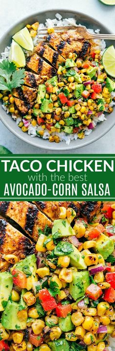 two plates filled with grilled chicken, corn and avocado salsa