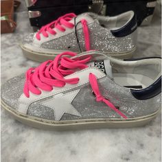 Golden Goose Brand New Size 37 Silver Leather Party Sneakers, Silver Lace-up Party Sneakers, Golden Goose Sneakers Pink, Cheap Golden Goose Sneakers, Golden Goose Pink Star, Pink Shoelaces, Black Glitter Heels, Golden Goose Sneakers Glitter, Golden Goose Gold Glitter