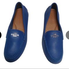 Coach Royal Blue Leather Loafer Flats Beautiful Soft Royal Blue Leather Flats With Silver Tone Coach Signature Logo On Front Of Shoes. Leather Is Super Soft. These Shoes Are Gorgeous. Used Only Once! They Are Pretty Much Like New. The Front Of The Right Side Shoe Has Two Small Black Marks. Please Refer To Pictures. Smoke And Pet Free Home Blue Leather Flats, Shoes Leather, Flat Color, Coach Shoes, Leather Flats, Signature Logo, Leather Loafers, Blue Leather, Right Side