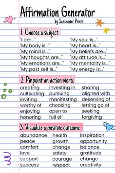 an affirmation generator for students to use in their writing and speaking skills, including