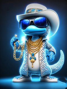 a cartoon character wearing sunglasses and a hat holding a gold chain in his right hand