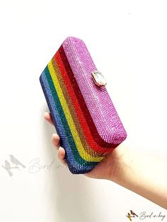 Bird in Bag - Handmade Rhinestone Clutch Purse with Multicolored Diamond Rainbow Design, Full Crystal Evening Bag for Women, Pom and Party Access Glamorous Multicolor Rectangular Evening Bag, Multicolor Rhinestone Evening Bag For Party, Multicolor Rhinestone Evening Bag For Events, Rainbow Rectangular Bag For Parties, Multicolor Rectangular Clutch With Rhinestones, Multicolor Rectangular Evening Bag With Rhinestones, Multicolor Rhinestone Rectangular Evening Bag, Rainbow Rectangular Party Bag, Multicolor Rectangular Evening Bag For Parties