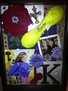 a collage of flowers, pictures and letters is displayed in a shadow box frame