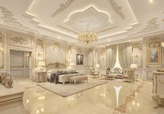 an elegant bedroom with white and gold decor