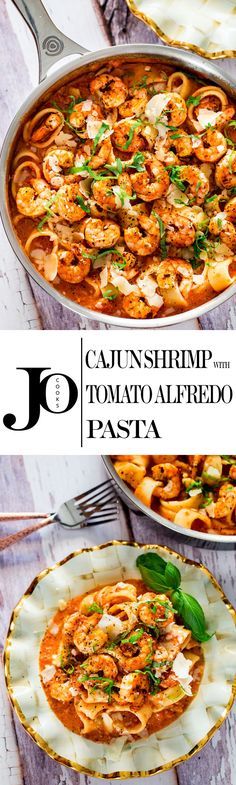 two pans filled with pasta and shrimp in tomato sauce