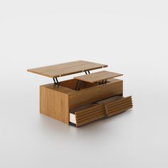 a wooden table with two drawers on each side and an open drawer in the middle