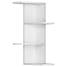 a white book shelf with three shelves on each side and one in the middle, against a